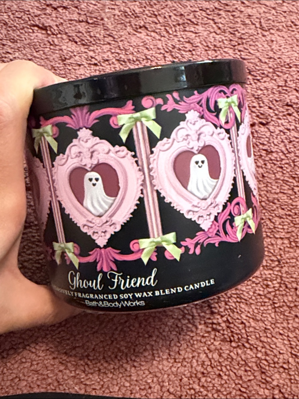 New Bath & Body Works Black Candle with Pink & Green Gothic Heart Ghostsn